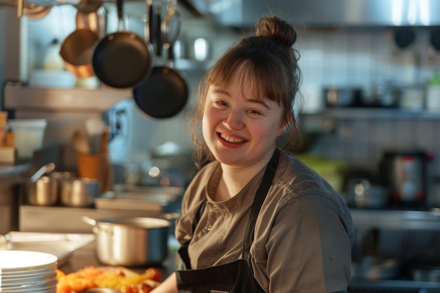 Foto menina com síndrome de down trabalhando na cozinha de um restaurante sorridente inclusão diversidade igualdade de oportunidades