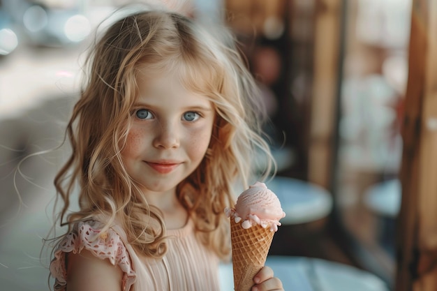 Menina com sorvete rosa em cone de waffle