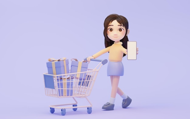 Menina com tema de compras com renderização em 3d estilo cartoon