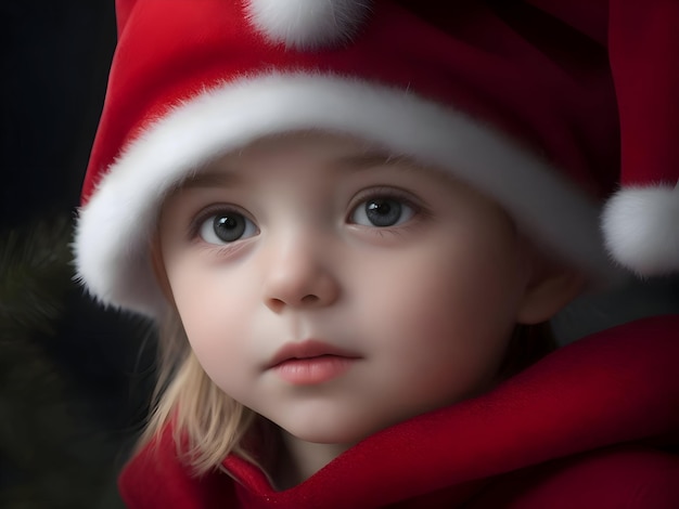 Foto menina com um boné vermelho de papai noel em um fundo escuro