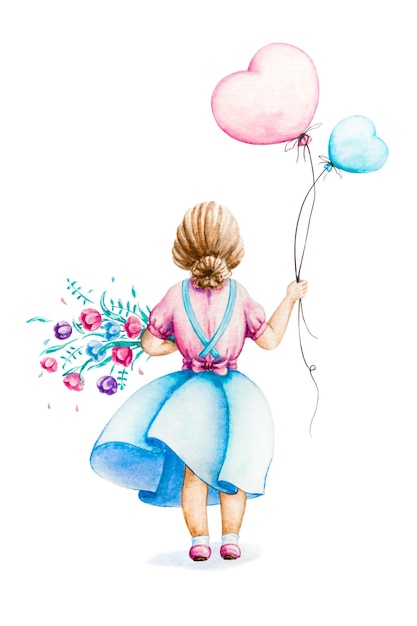 Menina com um buquê de flores e balões. Ilustração