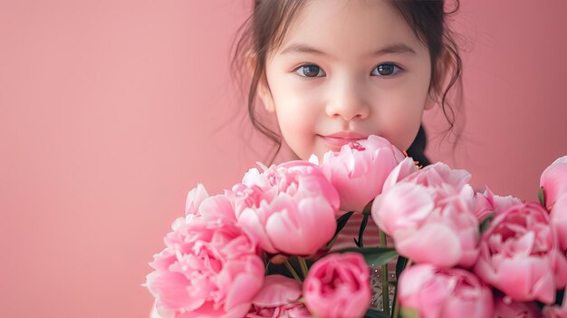 Menina com um buquê de peônias em fundo rosa pastel