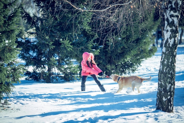 Menina com um cachorro labrador cachorro brincando no inverno, diversão ao ar livre