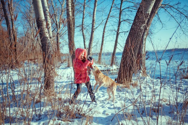 Menina com um cachorro Labrador cachorro brincando no inverno, diversão ao ar livre