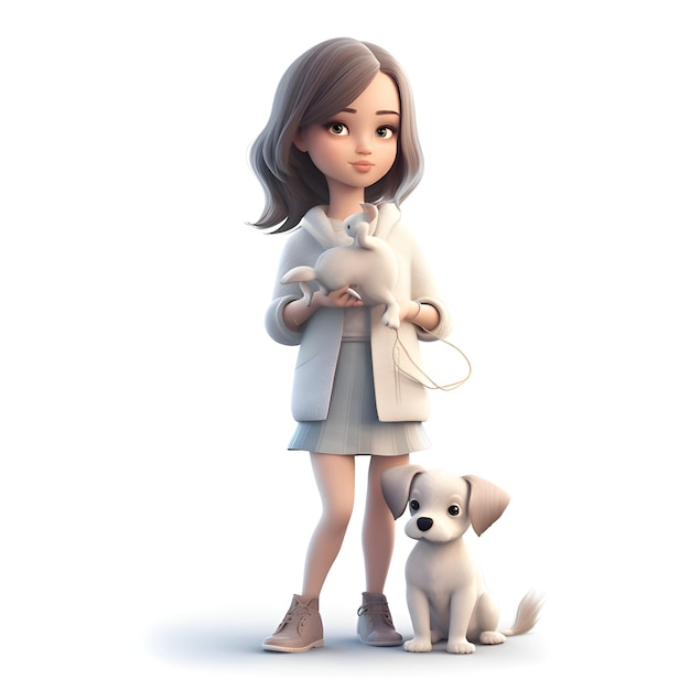 Menina com um cão ilustração 3D fundo branco