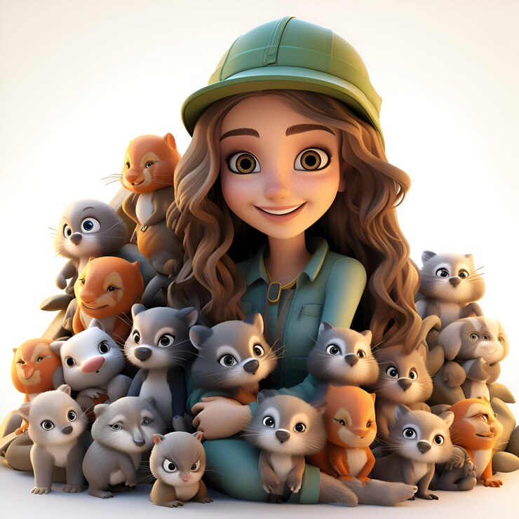 Foto menina com um capacete com um grupo de gatos renderização 3d