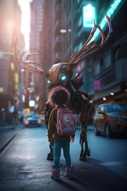 Menina com um cervo de brinquedo na rua em New York City Generative AI