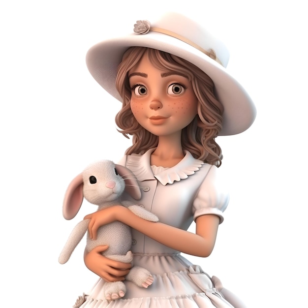 Menina com um chapéu branco com um coelho renderização 3D