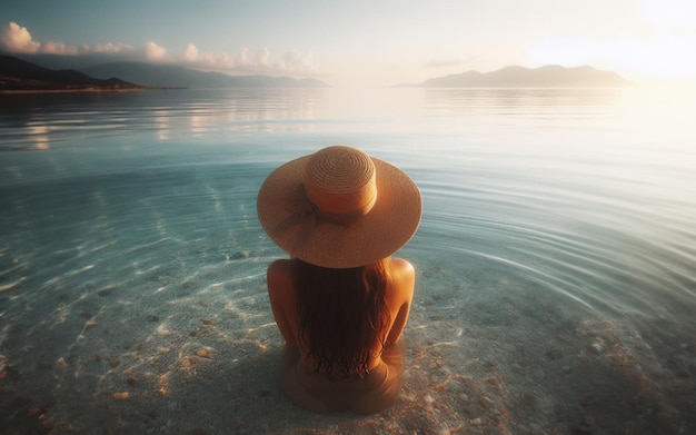 Menina com um chapéu caminha para o mar Mar e montanhas pano de fundo viagem de verão