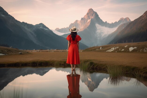 Menina com um chapéu de caule e vestido vermelho olhando para o reflexo das montanhas no lago em altas montanhas