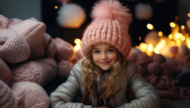 Menina com um chapéu e casaco de tricô no fundo de um interior de Natal