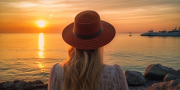 Menina com um chapéu na parte de trás contra o fundo do pôr do sol generativo Ai