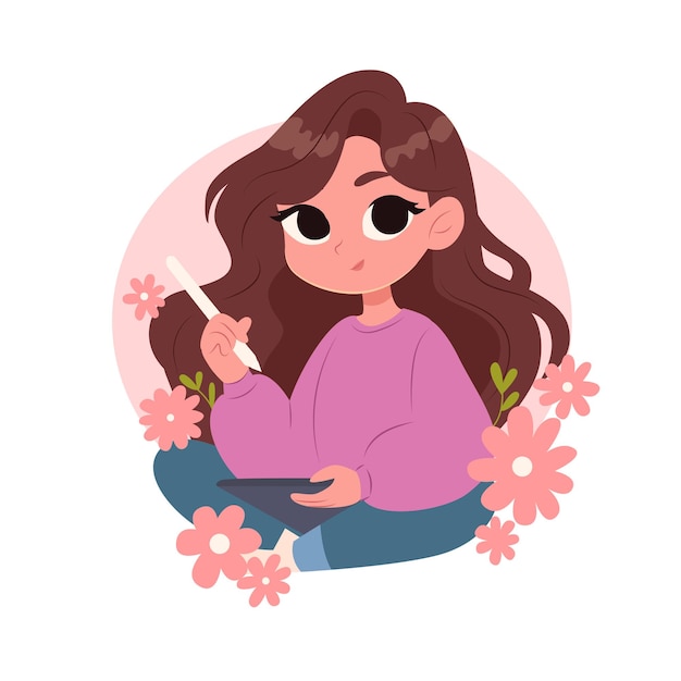 Menina com um computador tablet Ilustração vetorial em estilo plano
