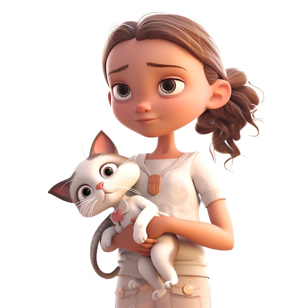 Menina com um gato em um fundo branco renderização 3D