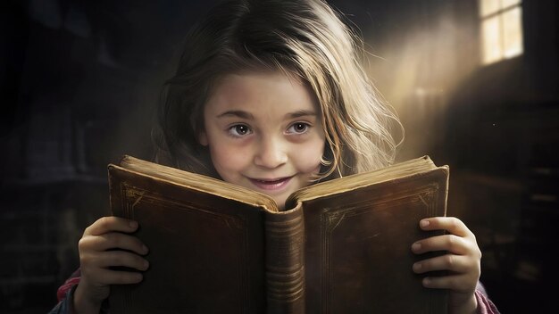 Menina com um livro na frente da cara