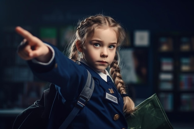 menina com um livro na mão apontando para o fundo branco