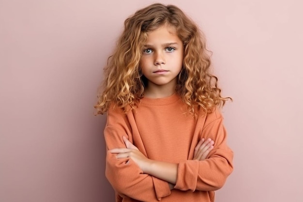 Menina com um olhar suspeito e mão de lado em um fundo isolado branco