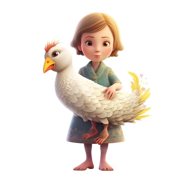 Menina com um pato em um fundo branco renderização 3D