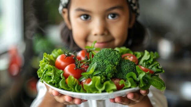 Foto menina com um prato de legumes