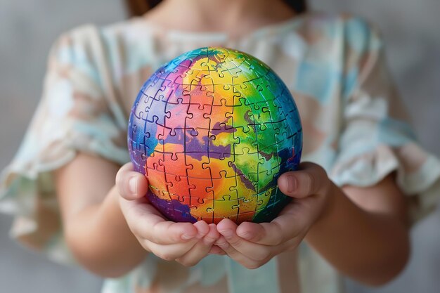 Foto menina com um quebra-cabeça colorido no arco-íris em sua mão globo da terra em suas mãos ia generativa