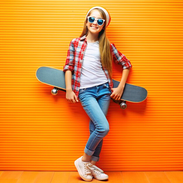 menina com um skateboard em um fundo laranja menina jogando skateboard