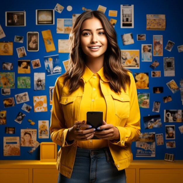 Foto menina com um telefone contra uma parede com fotografias