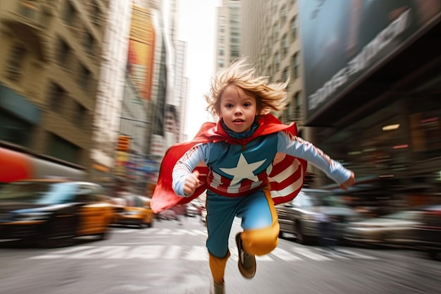 Foto menina com uma bandeira americana pintada jetpack voando por nova york comemorando 4 de julho ou dia da independência generative ai