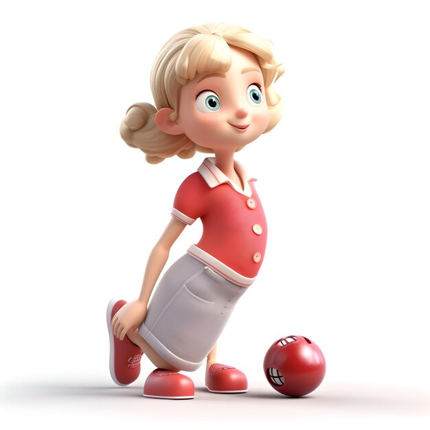 Foto menina com uma bola de bowling em um fundo branco renderização 3d