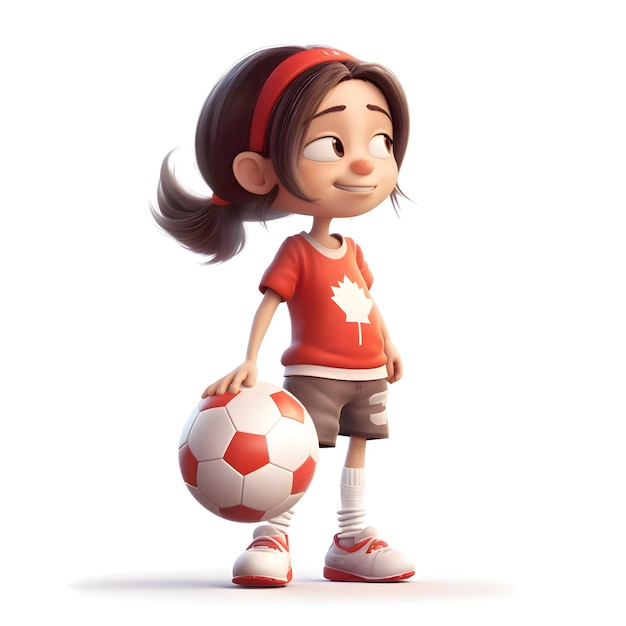 Menina com uma bola de futebol em uma renderização 3d de fundo branco