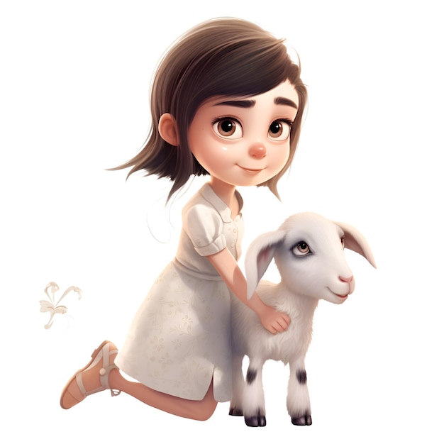 Menina com uma cabra em uma renderização 3d de fundo branco