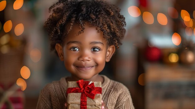 Menina com uma caixa de presentes com um laço vermelho