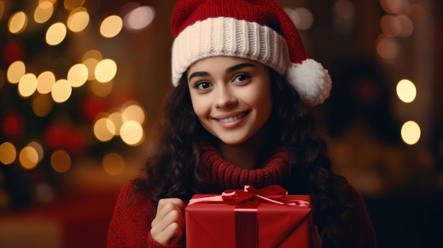 Menina com uma caixa de presentes de Natal