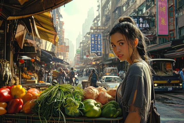 Foto menina com uma caixa de vegetais em uma rua em uma cidade movimentada os edifícios ao fundo são altos e modernos e há carros e pessoas se movendo