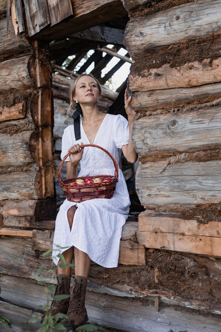 Foto menina com uma cesta de maçãs vermelhas maduras sentada perto de uma casa de madeira no conceito de colheita da aldeia