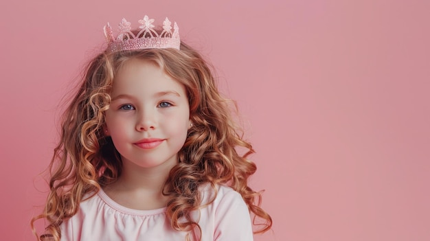 Menina com uma coroa na cabeça em fundo rosa pastel