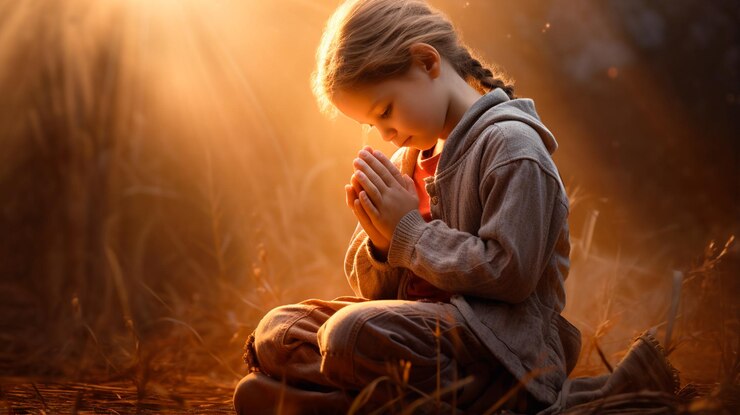Foto menina com uma cruz rezando na cabeça sob os raios do sol a criança está rezando na floresta