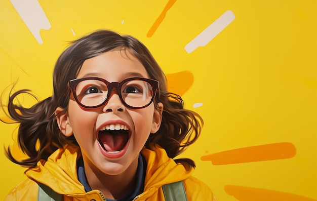 Foto menina com uma expressão alegre canto esquerdo e fundo abstrato amarelo