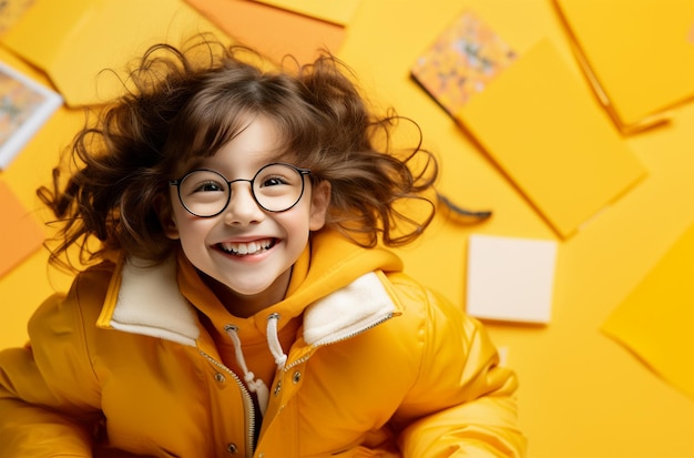 Menina com uma expressão alegre usando óculos e um fundo amarelo