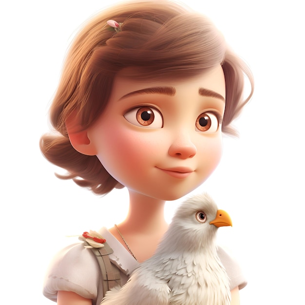 Menina com uma galinha em um fundo branco renderização 3D