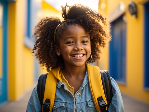 Menina com uma mochila em um fundo amarelo e azul