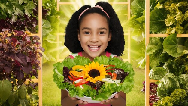 Foto menina com uma salada