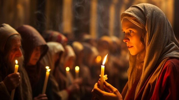 Menina com uma vela ardente na mão no festival cristão de Natal