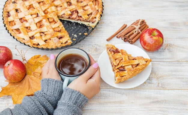 Menina com uma xícara de chá e uma torta com maçãs e canela.