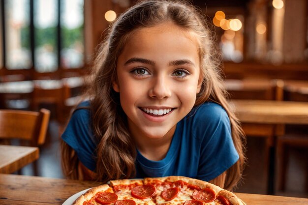 Menina comendo pizza em um café comida não saudável camiseta azul