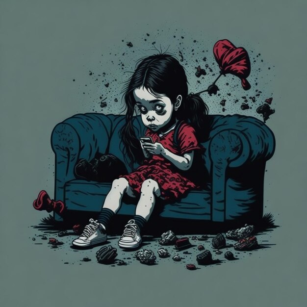 Menina comendo toneladas de doces pouco saudáveis assistindo desenhos animados em uma ilustração de smartphone
