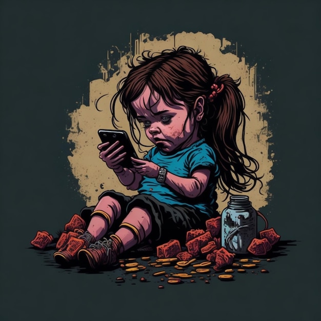 Menina comendo toneladas de doces pouco saudáveis assistindo desenhos animados em uma ilustração de smartphone