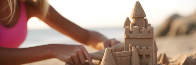 Menina construindo castelo de areia com fundo de praia e mar gerado por IA