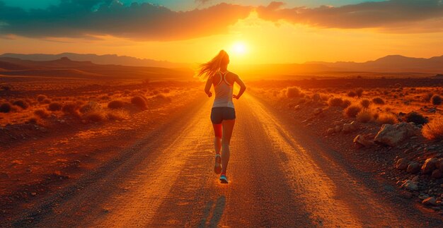 Foto menina correndo ao pôr-do-sol esportes correndo estilo de vida saudável imagem gerada por ia