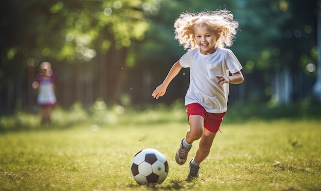 Menina correndo em direção à bola de futebol