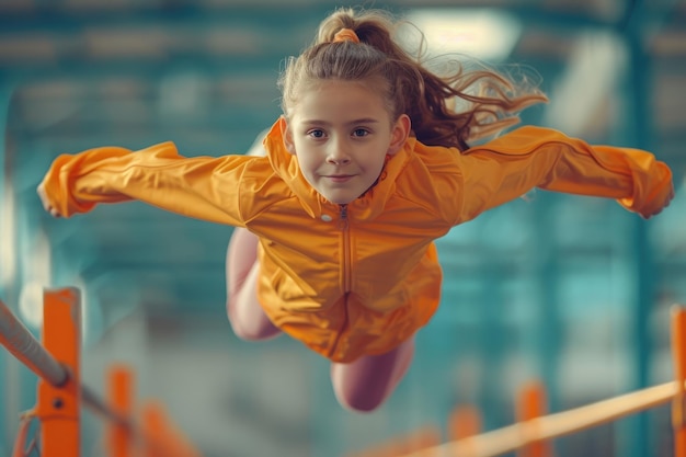 Menina correndo em um estádio através de obstáculos Generative Ai